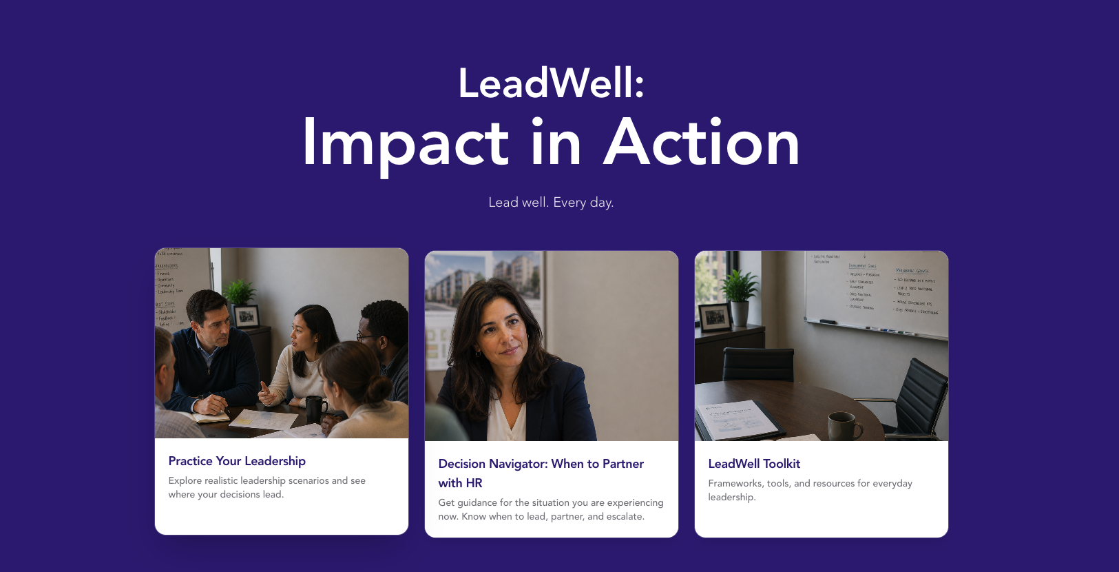 LeadWell: Impact in Action hub landing page with three cards on purple background