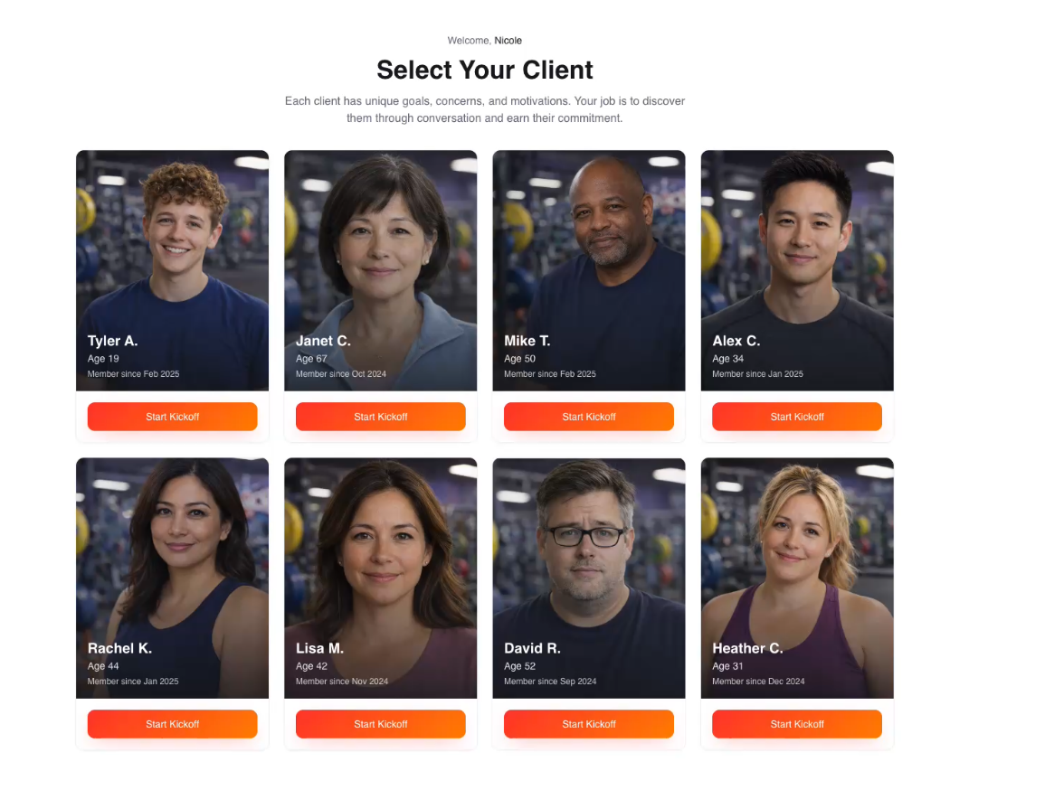 Sales Readiness Simulation — Select Your Client screen with eight client personas