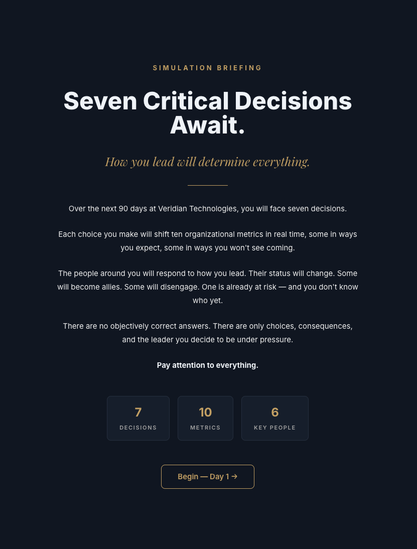LeadForward simulation briefing — Seven Critical Decisions Await