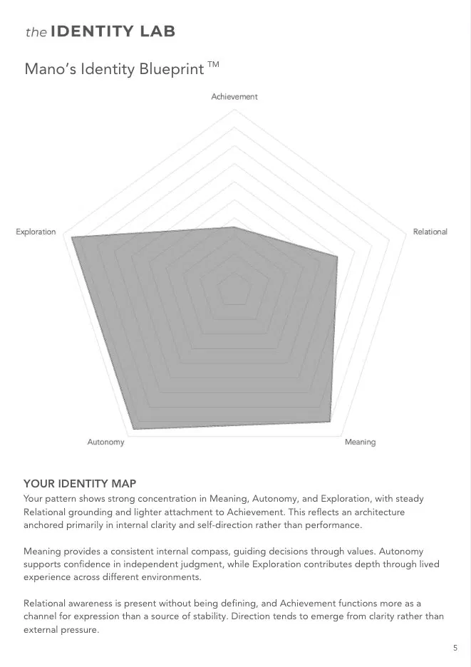 Sample Identity Blueprint report — Mano's identity map across five domains